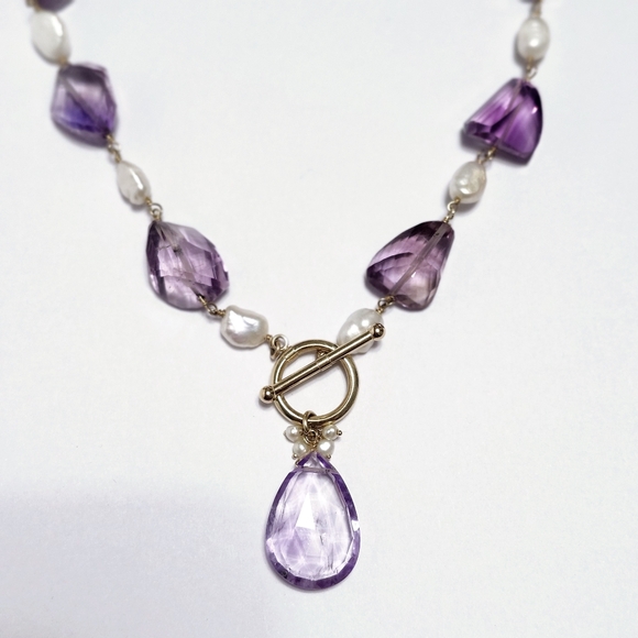 14K Gold Amethyst Pearl Drop Necklace - Picture 12 of 12